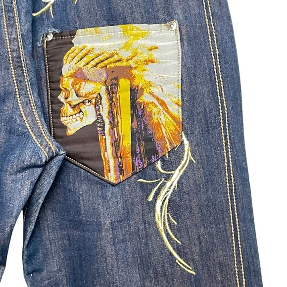 Vtg Y2K Delf Trading Imperious Mens Embroidered Blue Denim Skulls  W38 L32 - Picture 14 of 16